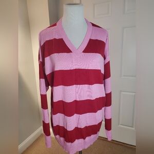 Belle By Kim Gravel Varsity Striped V-Neck Sweater - Pink and Red